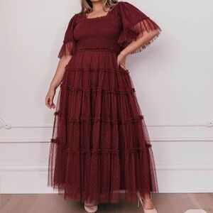 JessaKae Burgundy Tiered Tulle Maxi Dress 3X